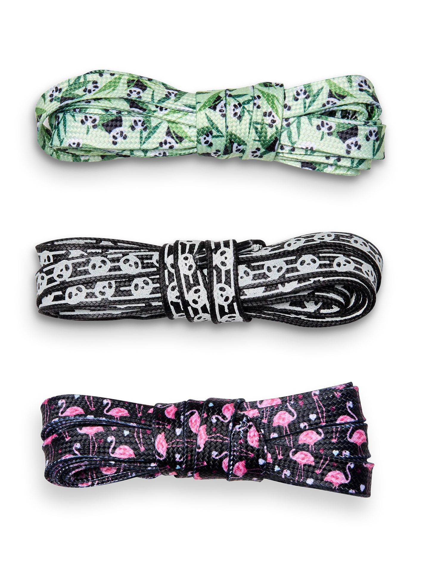 Lustige Schnürsenkel 3er-Pack Pandas und Flamingos