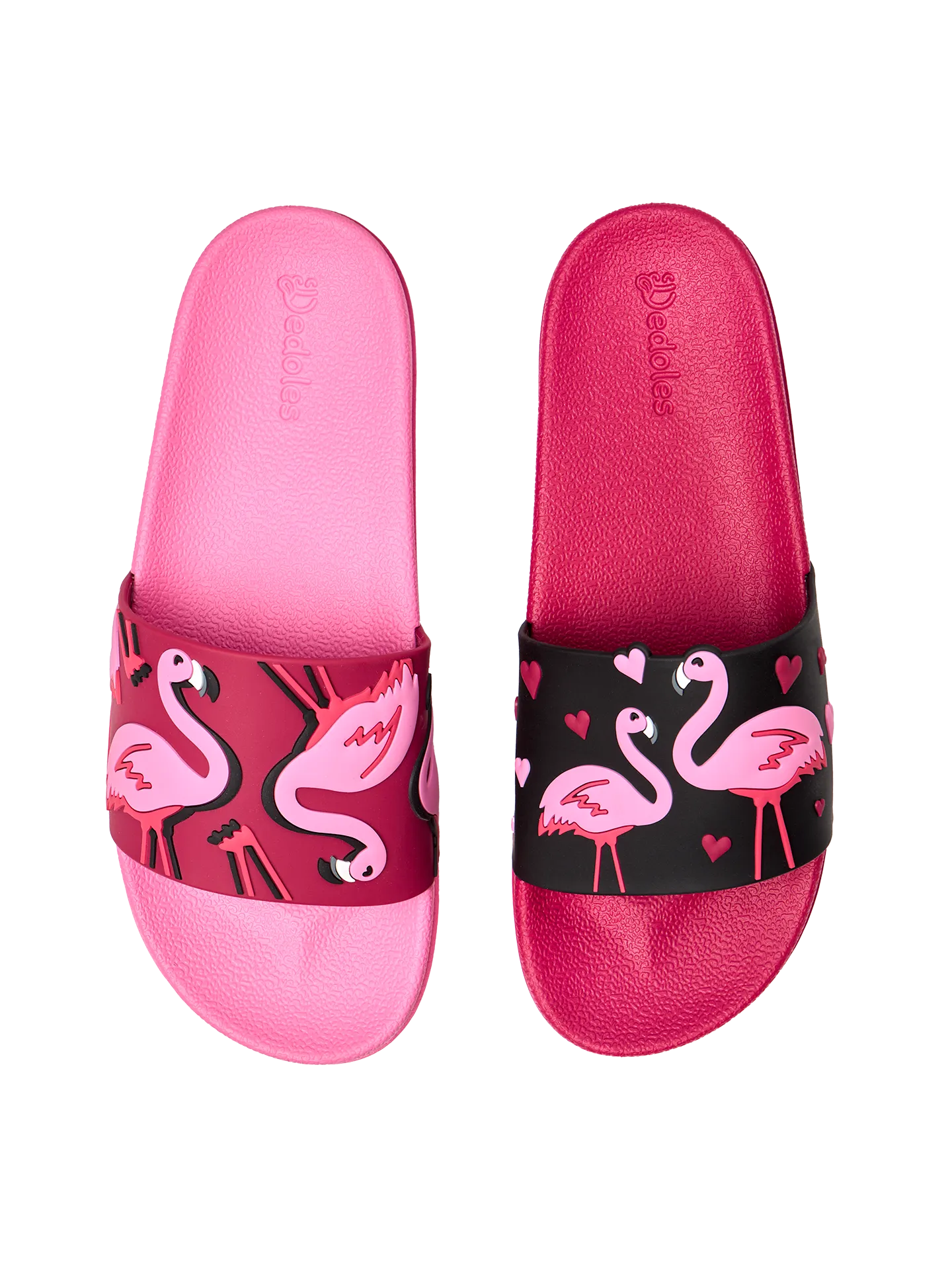 Lustige Pantoletten für Kinder Flamingos und Herzen