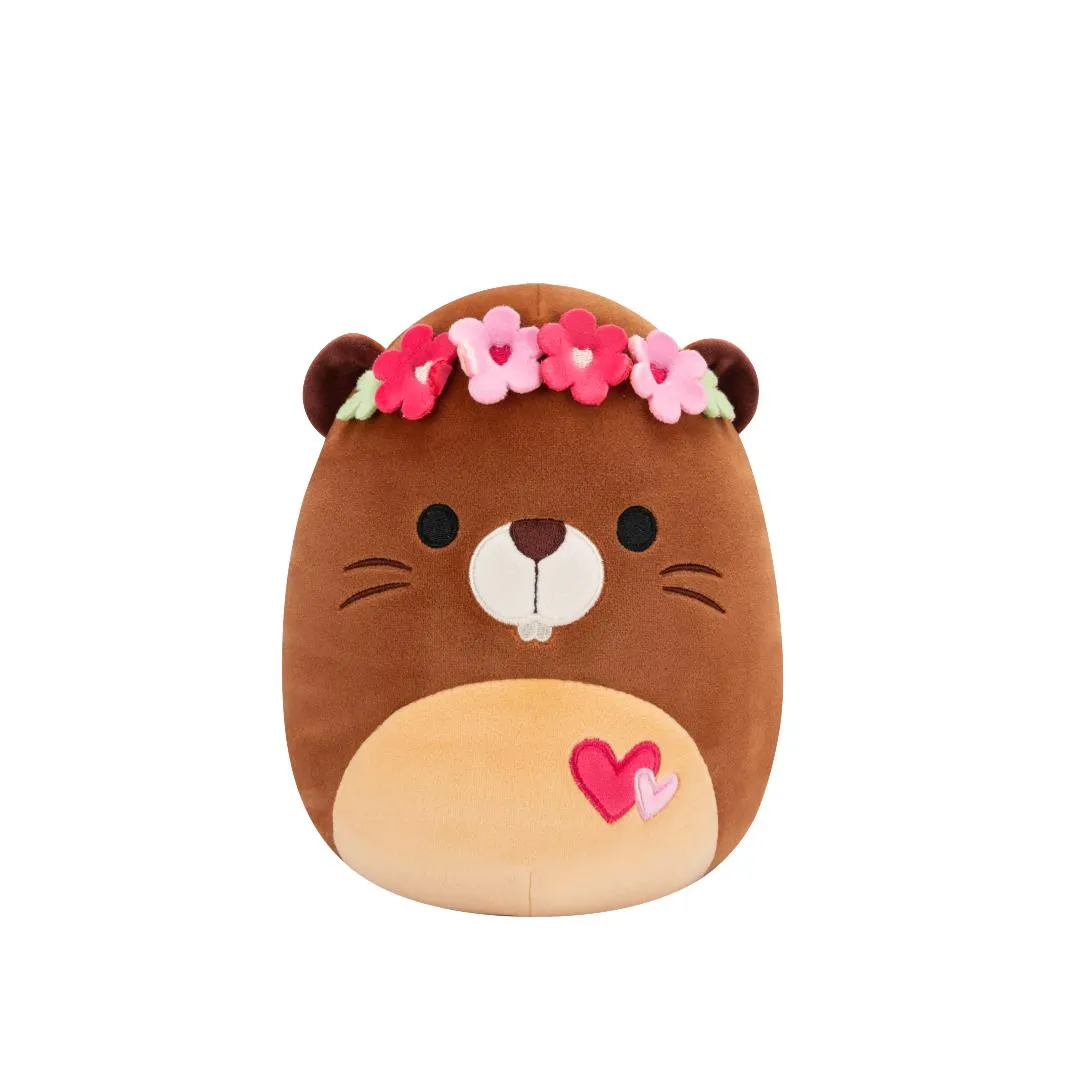 Squishmallows Chip der braune Biber mit Blumenkrone und Herzen, 20 cm