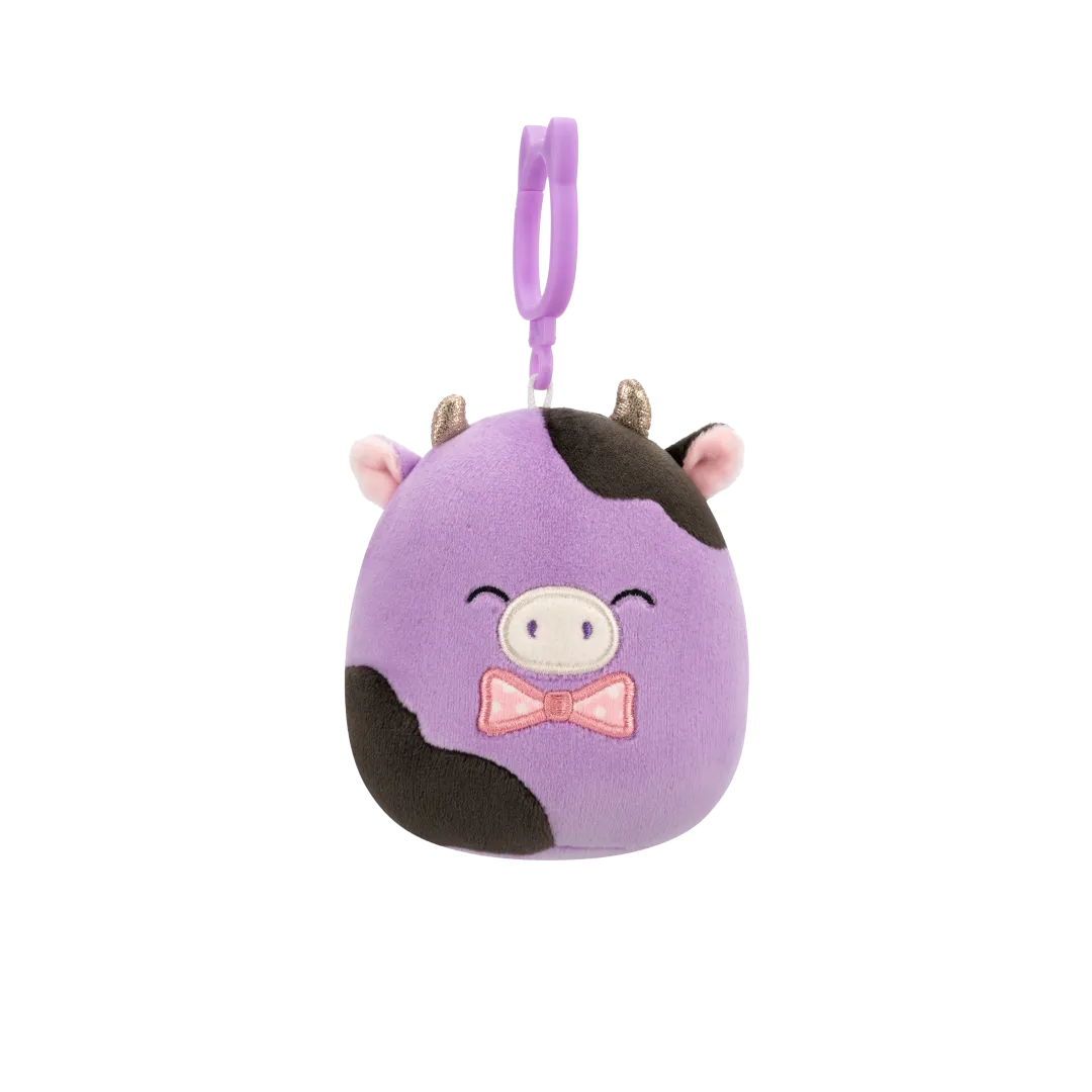 Squishmallows Clip-On Alexie die lila-schwarze Kuh mit Fliege, 9 cm