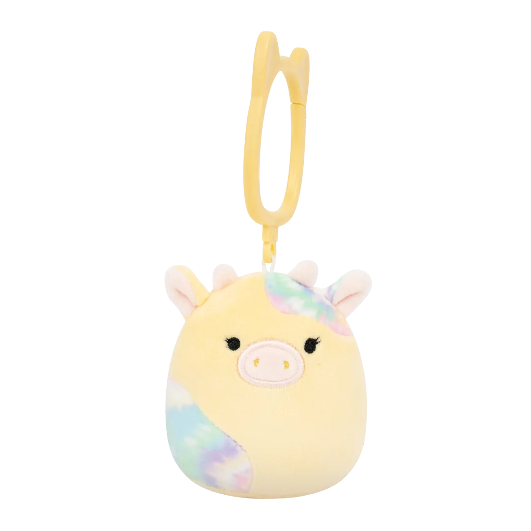 Squishmallows Schlüsselanhänger Rina die Kuh mit Tie-Dye-Flecken, 9 cm