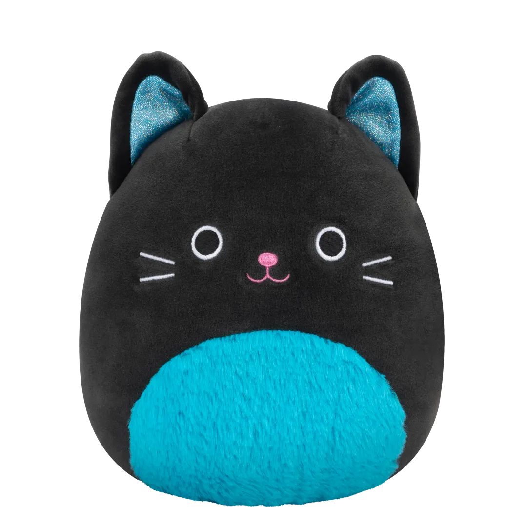 Squishmallows Eponine - Schwarze Katze mit neonblauem Plüschbauch und Glitzerohren, 20 cm